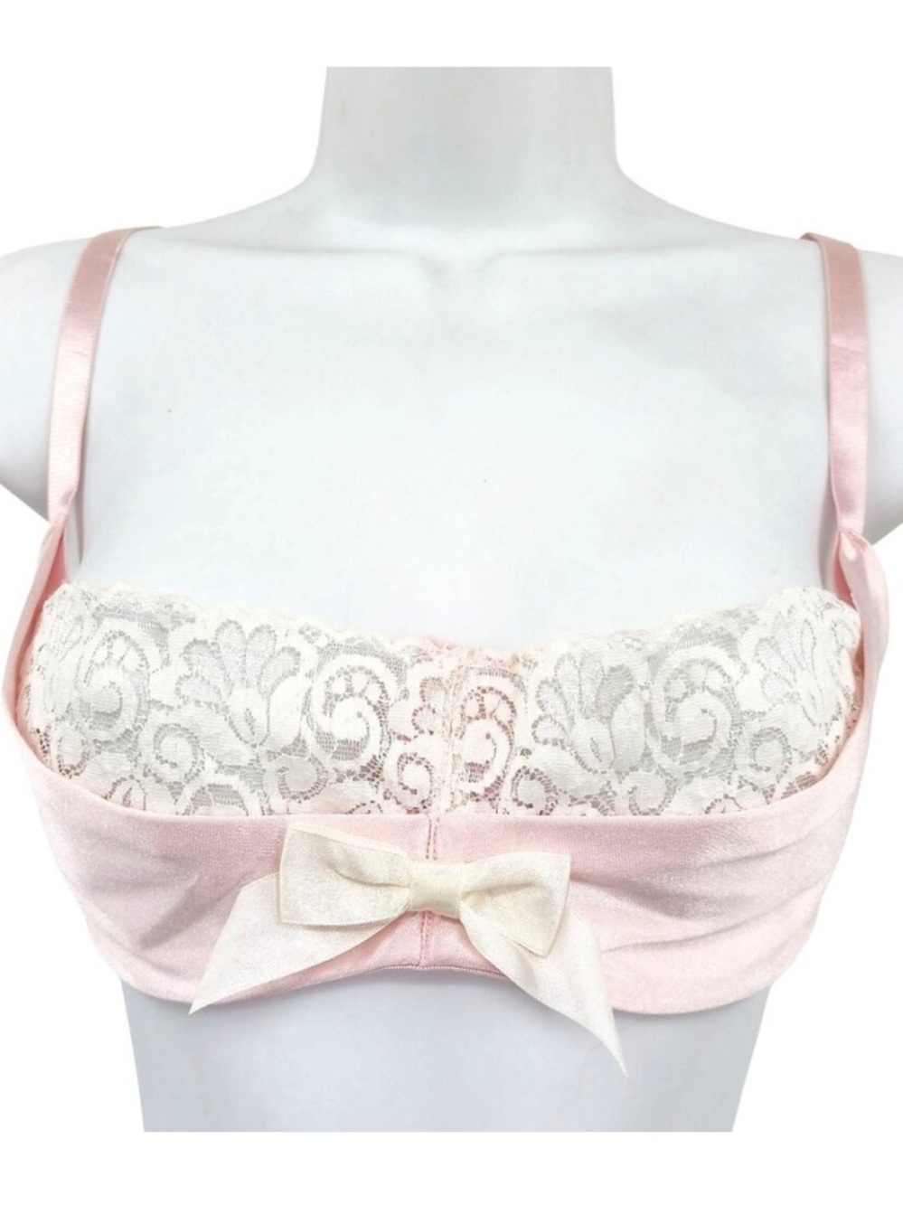 Native Intimates Pink Satin Lace Bra With Bow Coquette Romantic Milkmaid Sexy